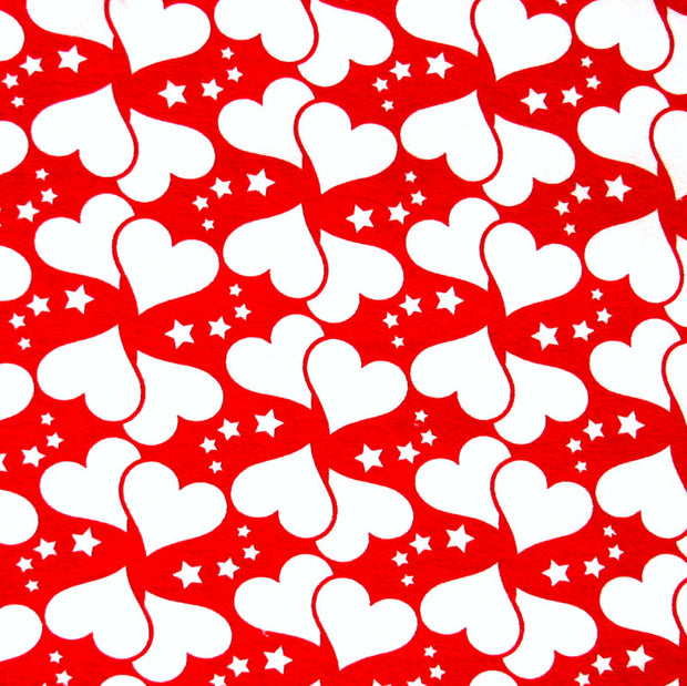 White Hearts and Stars on Red Cotton Lycra Knit Fabric