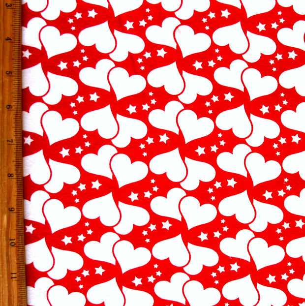 White Hearts and Stars on Red Cotton Lycra Knit Fabric