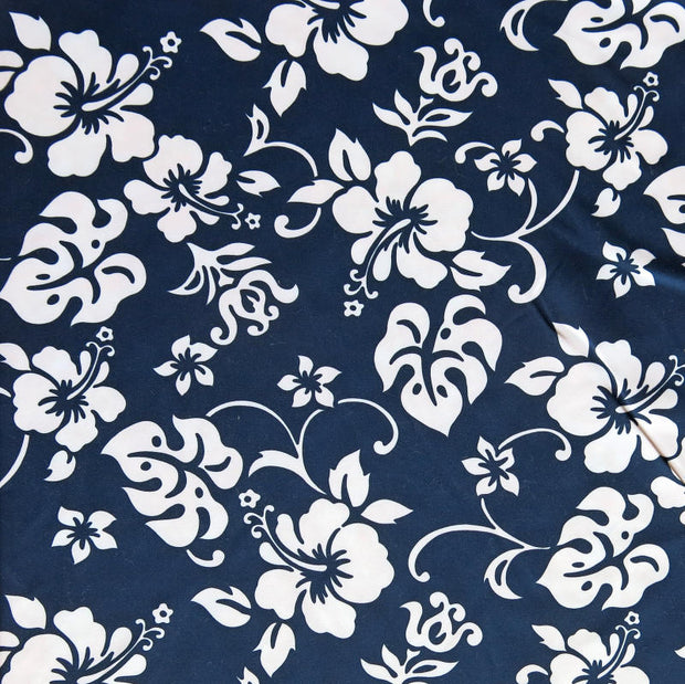 White Hibiscus Floral on Navy Microfiber Boardshort Fabric - SECONDS - Not Quite Perfect