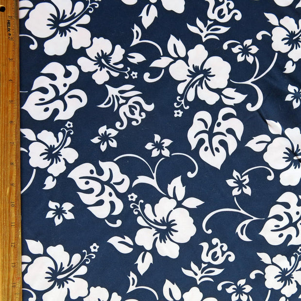 White Hibiscus Floral on Black Microfiber Boardshort Fabric