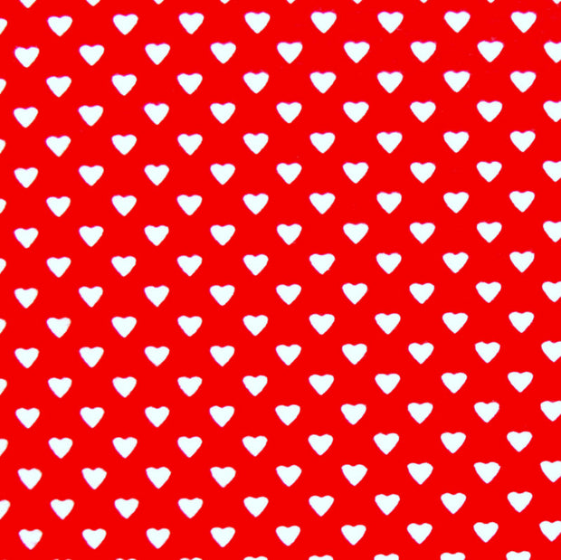Dainty White Hearts on Red Cotton Lycra Knit Fabric