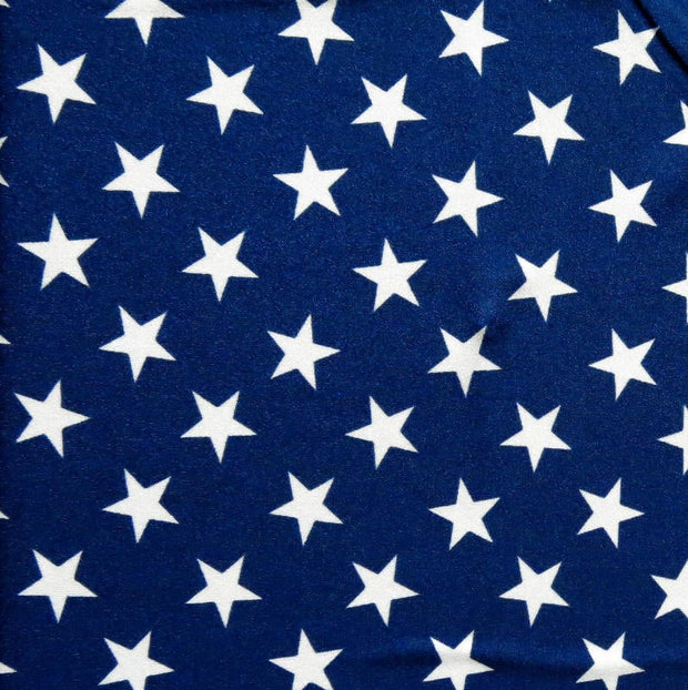 White Patriotic Stars on Shiny Navy Nylon Spandex Swimsuit Fabric - 25" Remnant