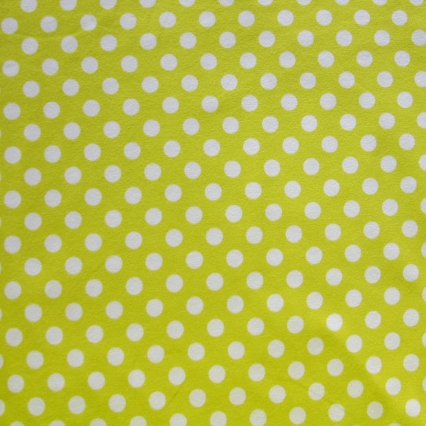 White Polka Dots on Chartruese Cotton Lycra Knit Fabric