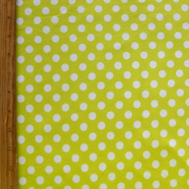 White Polka Dots on Chartruese Cotton Lycra Knit Fabric
