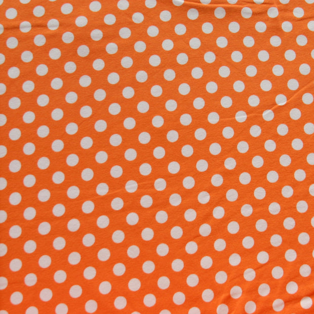 White Polka Dots on Pumpkin Orange Cotton Lycra Knit Fabric
