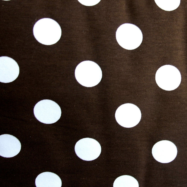 White Quarter Polka Dots on Brown Cotton Lycra Knit Fabric - SECONDS - Not Quite Perfect