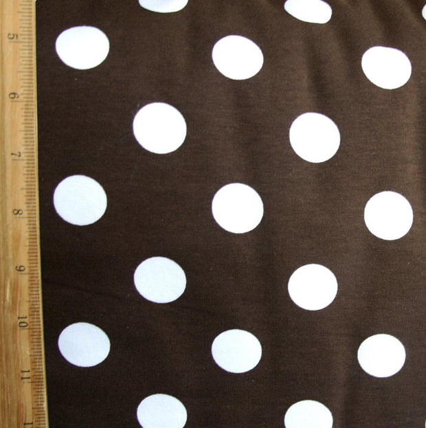 White Quarter Polka Dots on Brown Cotton Lycra Knit Fabric - SECONDS - Not Quite Perfect