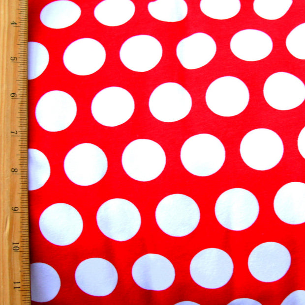 White Quarter Polka Dots on Red Cotton Lycra Knit Fabric