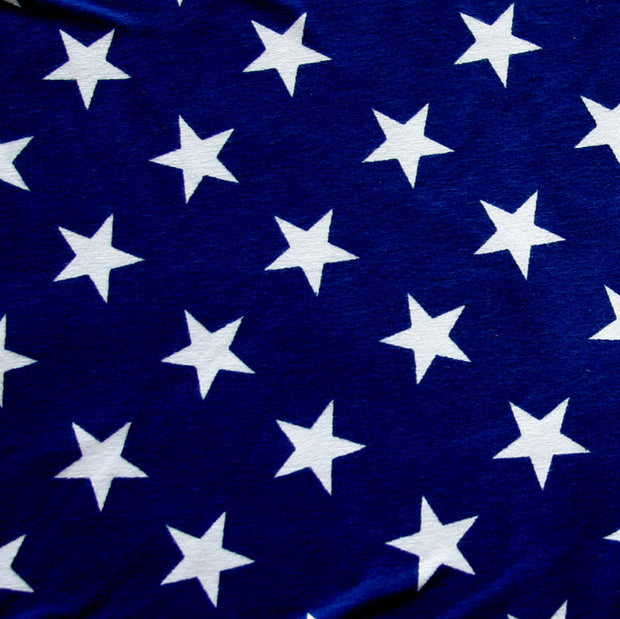 White Stars on Patriotic Blue Cotton Lycra Knit Fabric