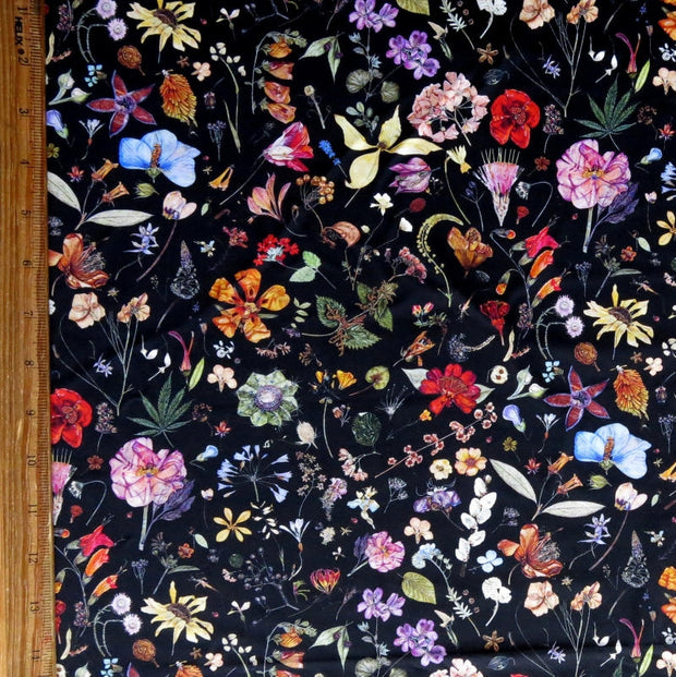 Wildflowers on Black Nylon Spandex Swimsuit Fabric